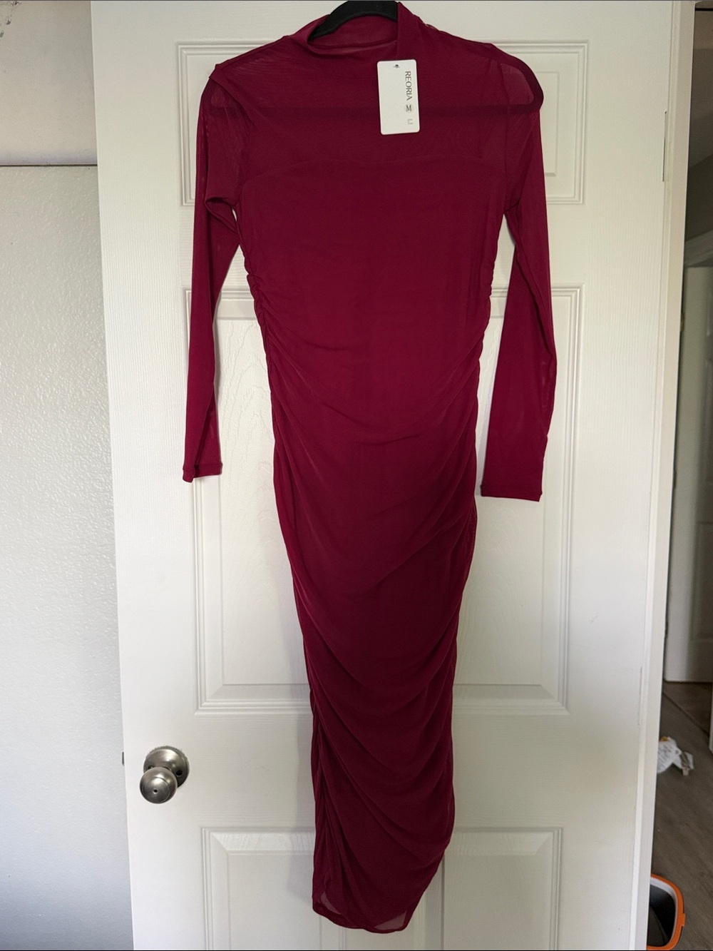 ReoRia Red Sheer-Sleeve Ruched Midi Dress